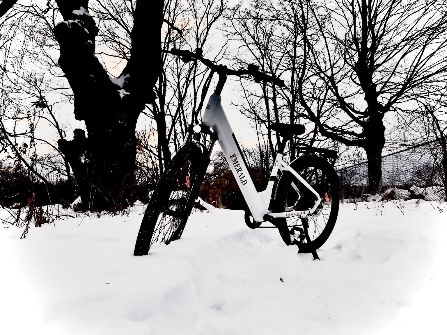 An Emerald e-bike at dusk with its headlight on