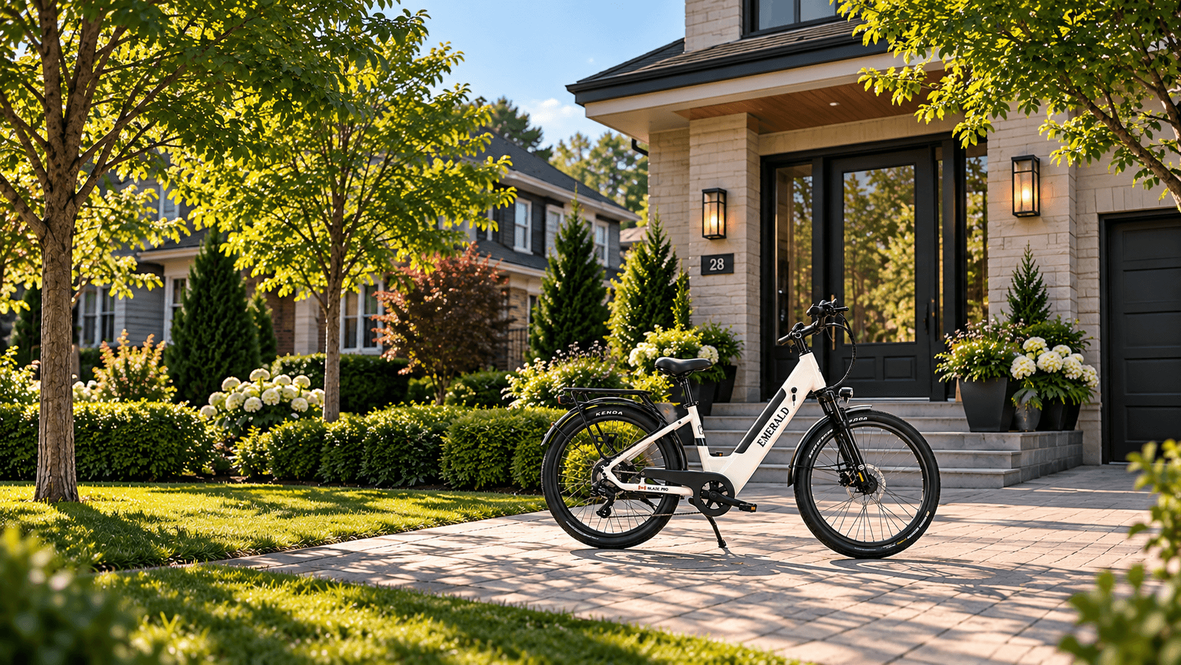 An Emerald e-bike by Lake Ontario with the Toronto skyline on the horizon