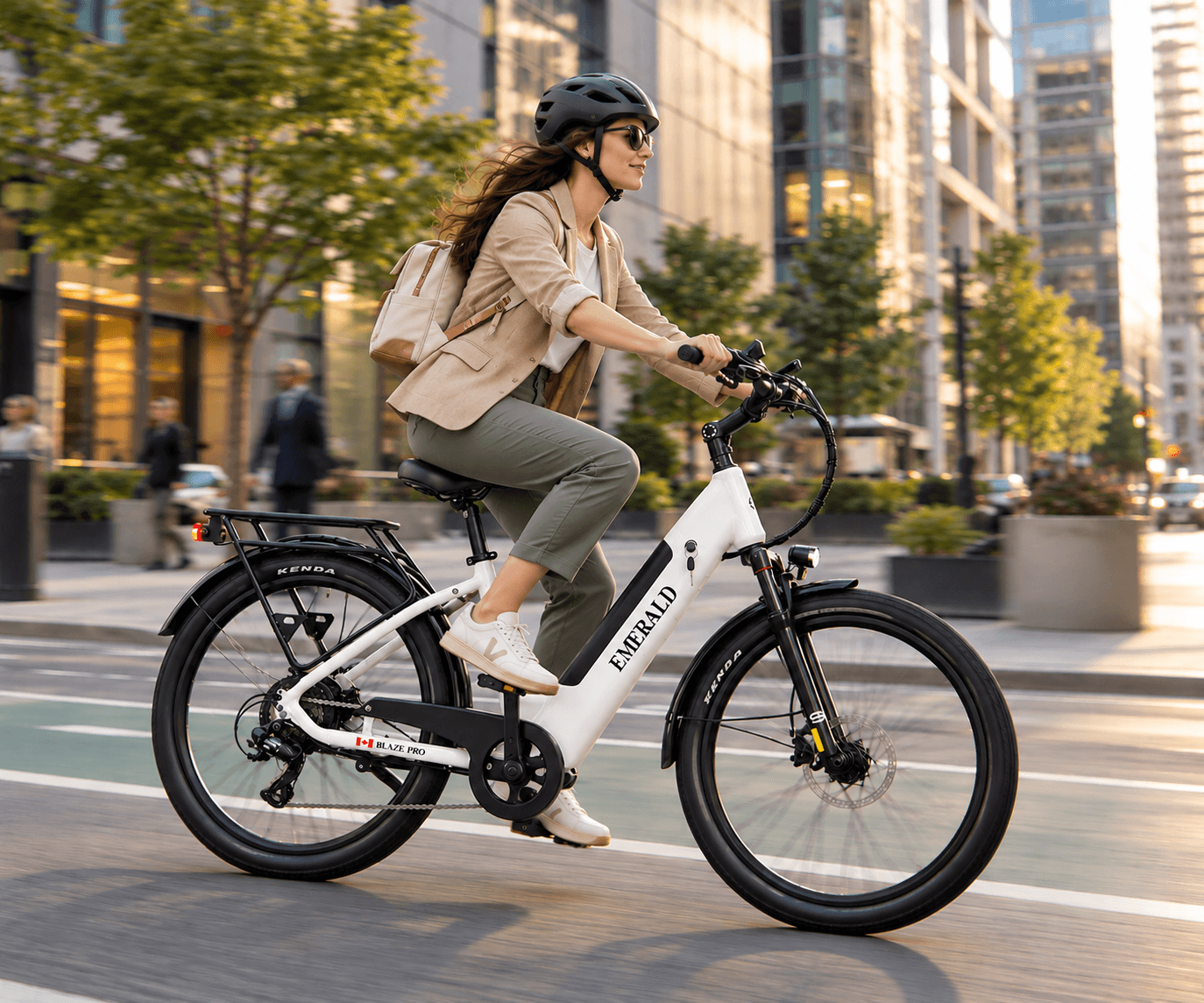 An Emerald e-bike on a downtown Toronto avenue